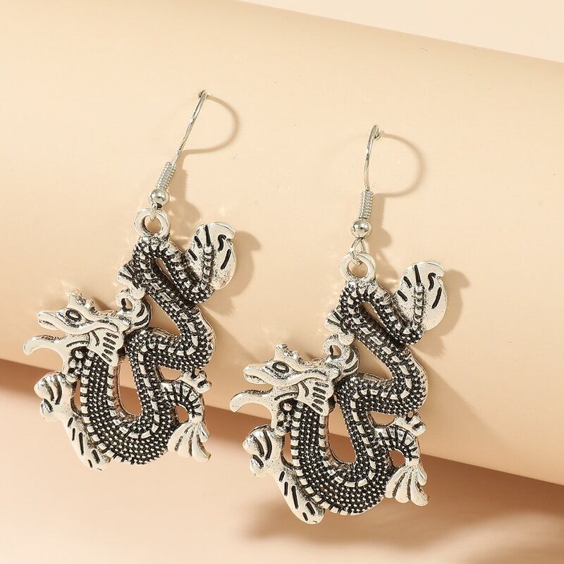 

1pair Dragon Drop Earrings, Antique silver