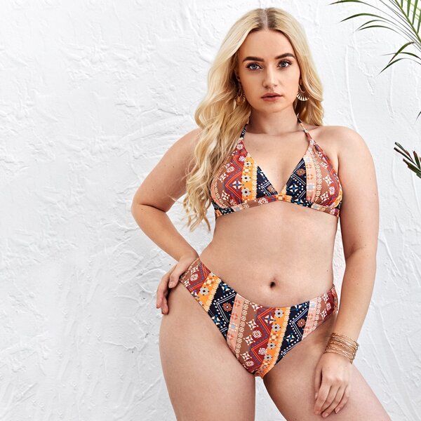 

Plus Geometric Print Halter Bikini Swimsuit, Multicolor