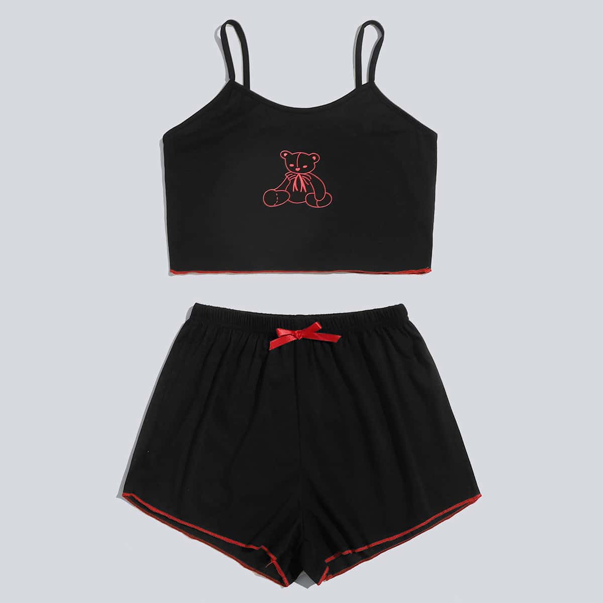 

Bear Print Cami & Shorts PJ Set, Black