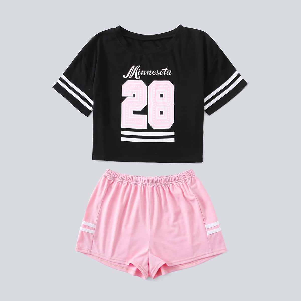 

Number & Stripe Print PJ Set, Multicolor