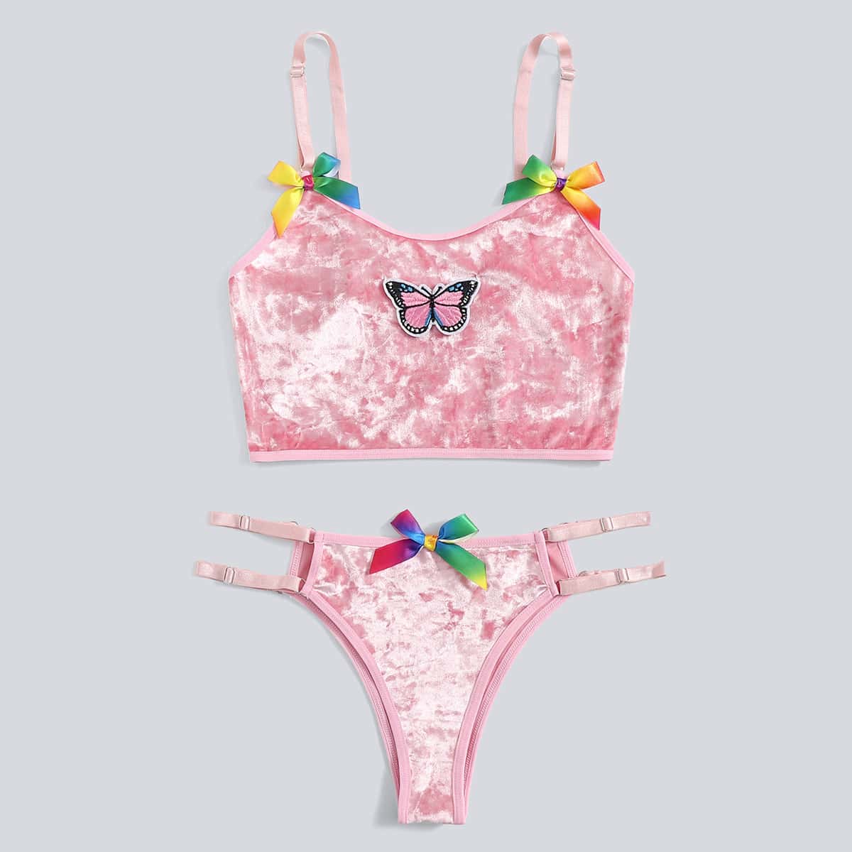 

Butterfly & Bow Decor Velvet Lingerie Set, Baby pink
