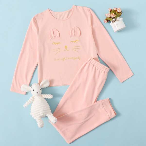 

Girls Slogan & Cartoon Graphic Top And Pants PJ Set, Pastel baby pink