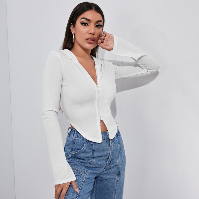 

Zip Up Hooded Crop Top, White