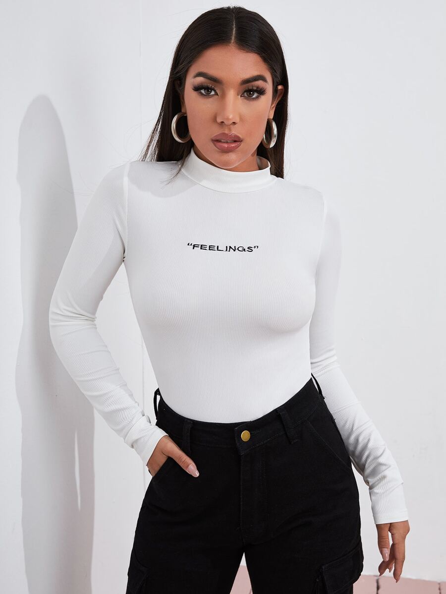 SHEIN Unity Mock Neck Letter Embroidered Tee - White - View 1