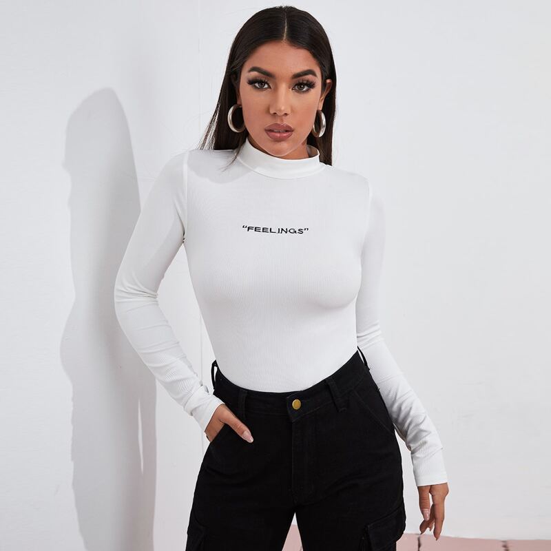 

Mock Neck Letter Embroidered Tee, White