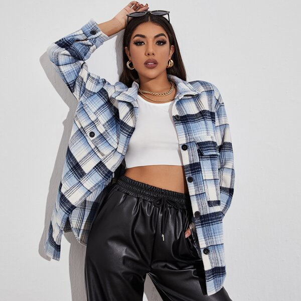 

Plaid Button Front Drop Shoulder Overcoat, Multicolor