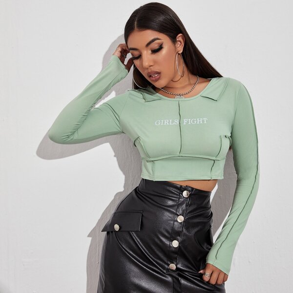 

Letter Embroidered Seam Front Crop Tee, Mint green