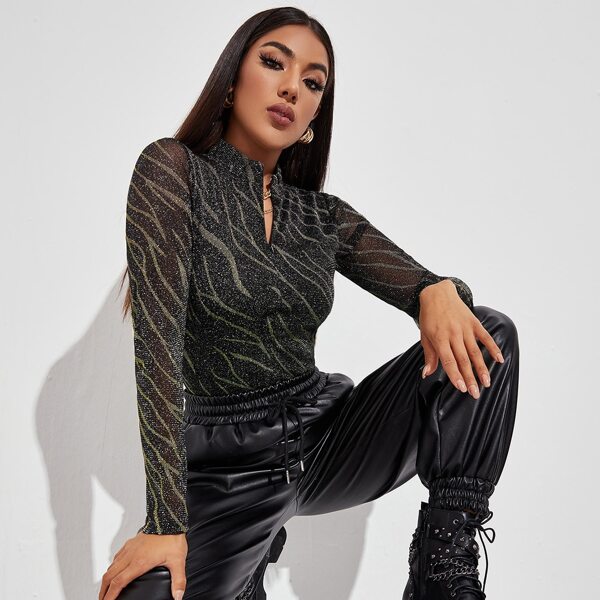 

Stand Collar Glitter Top, Black