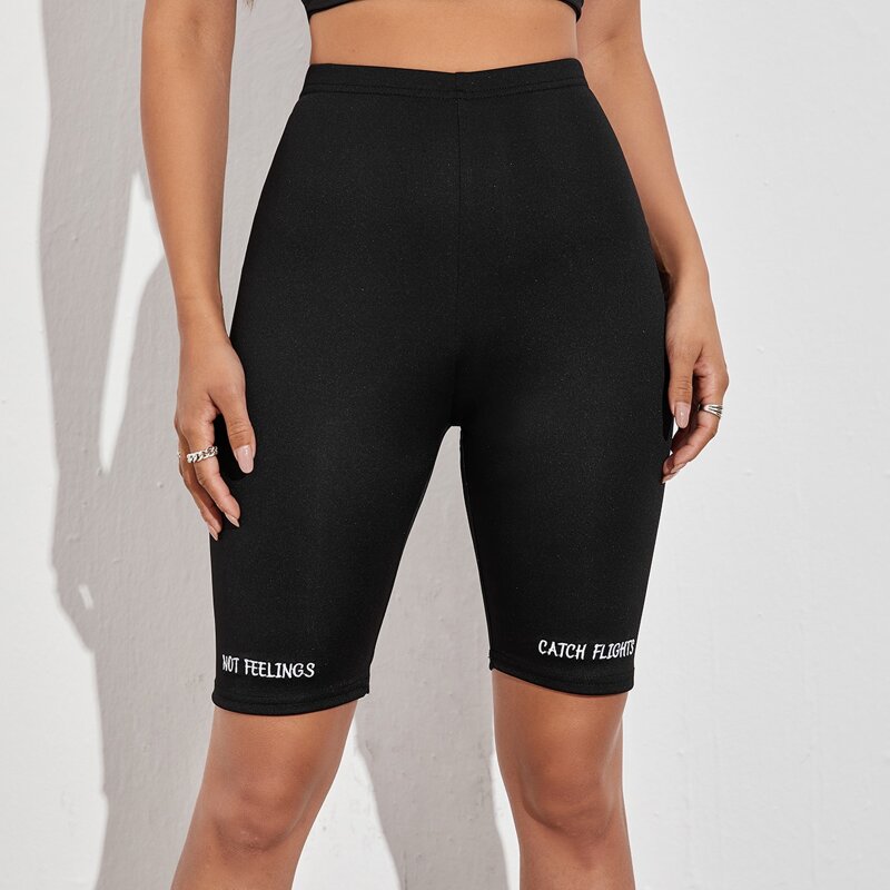 

Letter Embroidery Biker Shorts, Black