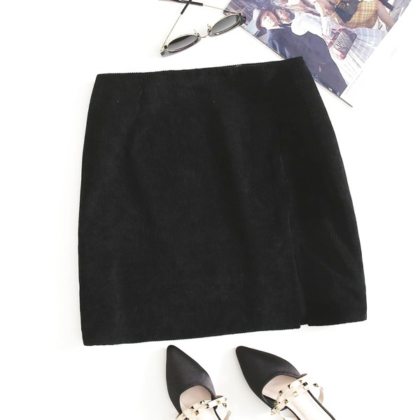 

Plus Split Hem Cord Skirt, Black