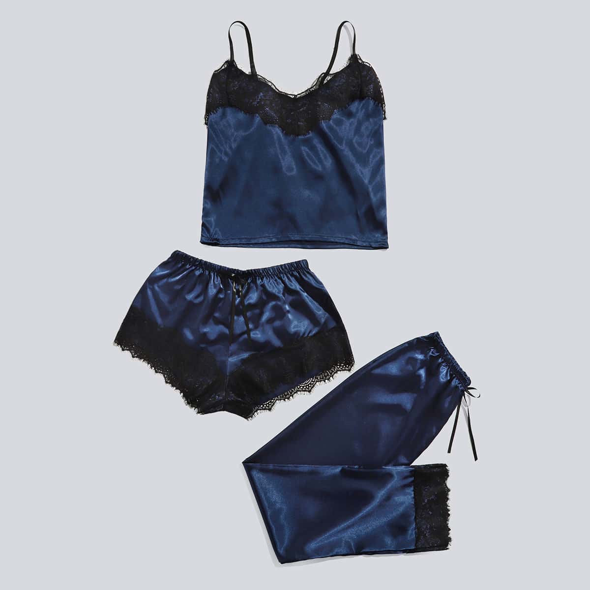 

3pack Eyelash Lace Trim Satin PJ Set, Navy blue