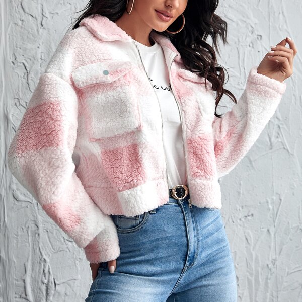 

Collared Zip Up Flap Pocket Front Buffalo Plaid Teddy Jacket, Baby pink