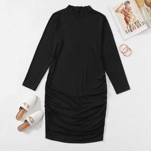 

Plus Mock Neck Ruched Side Dress, Black