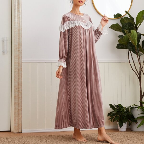 

Bow Detail Embroidery Mesh Ruffle Trim Ribbed Velvet Nightdress, Dusty pink