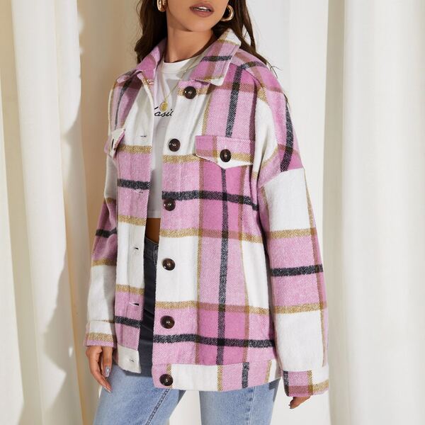 

Flap Detail Drop Shoulder Plaid Coat, Multicolor
