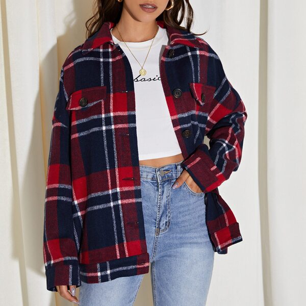 

Flap Detail Drop Shoulder Plaid Overcoat, Multicolor
