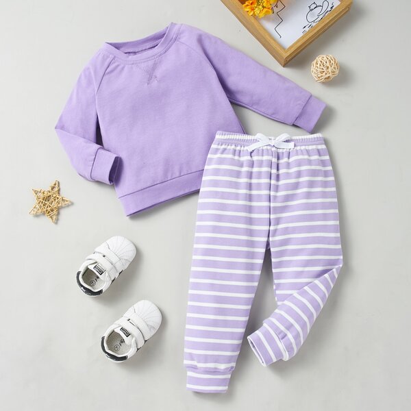 

Baby Girl Round Neck Sweatshirt & Striped Sweatpants, Purple