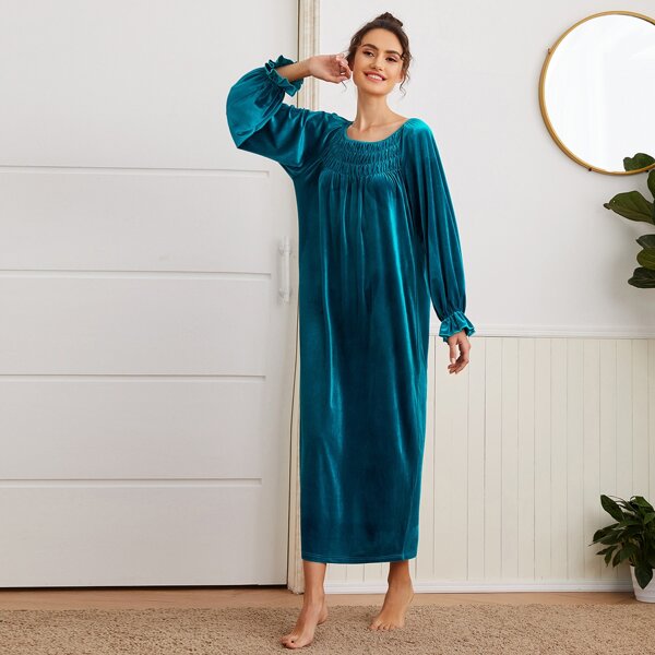 

Ruched Yoke Ruffle Cuff Velvet Nightdress, Teal blue
