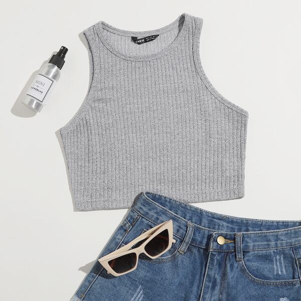 

Solid Rib-knit Crop Tank Top, Light grey