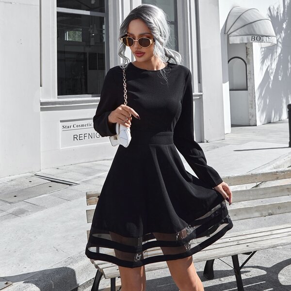 

Zip Back Contrast Mesh Dress, Black