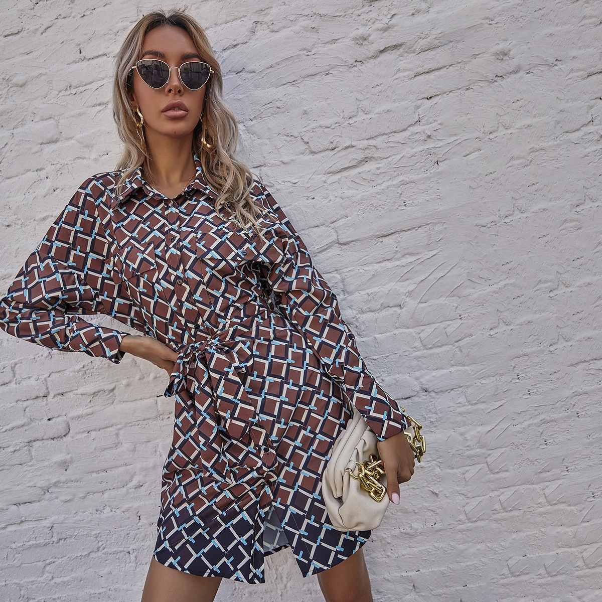 Image of Allover Geo Belted Shirt Dress