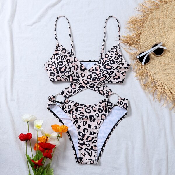 

Leopard Criss Cross Ring Linked One Piece Swimsuit, Multicolor