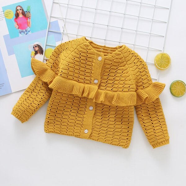 

Baby Girl Pointelle Knit Ruffle Trim Cardigan, Mustard yellow