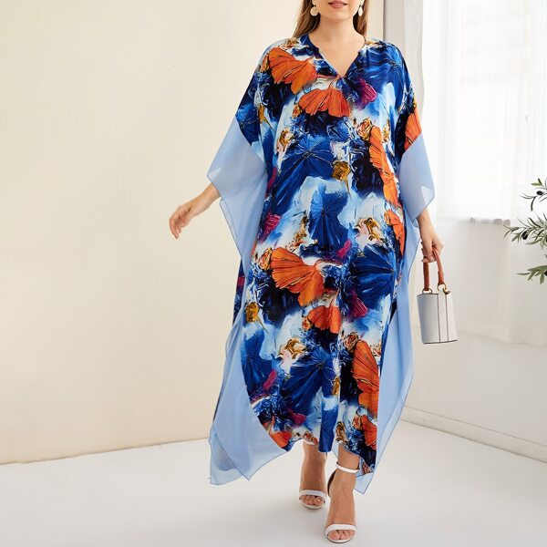 

Plus Notched Floral Print Kaftan Dress, Multicolor
