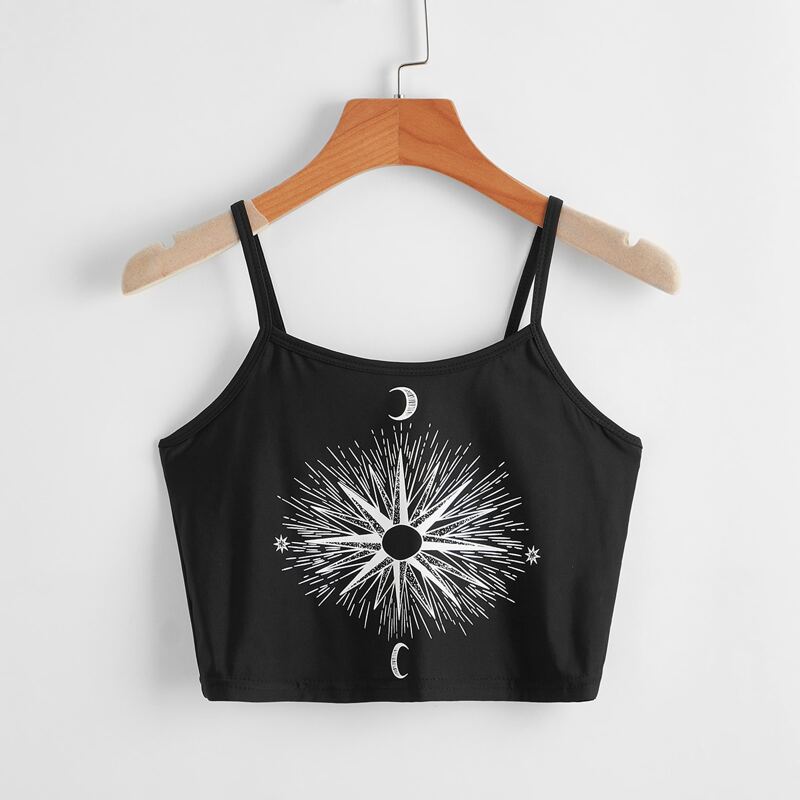 

Sun & Moon Graphic Crop Cami, Black