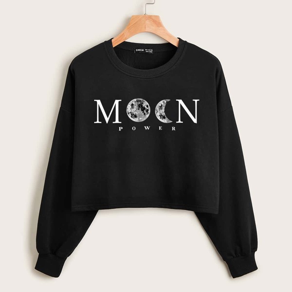 

Plus Moon And Letter Graphic Sweatshirt, Black