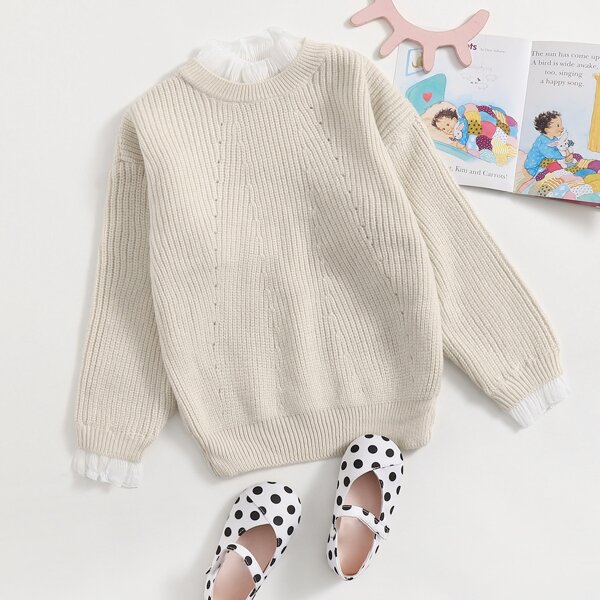 

Girls Ribbed Knit Ruffle Trim Sweater, White