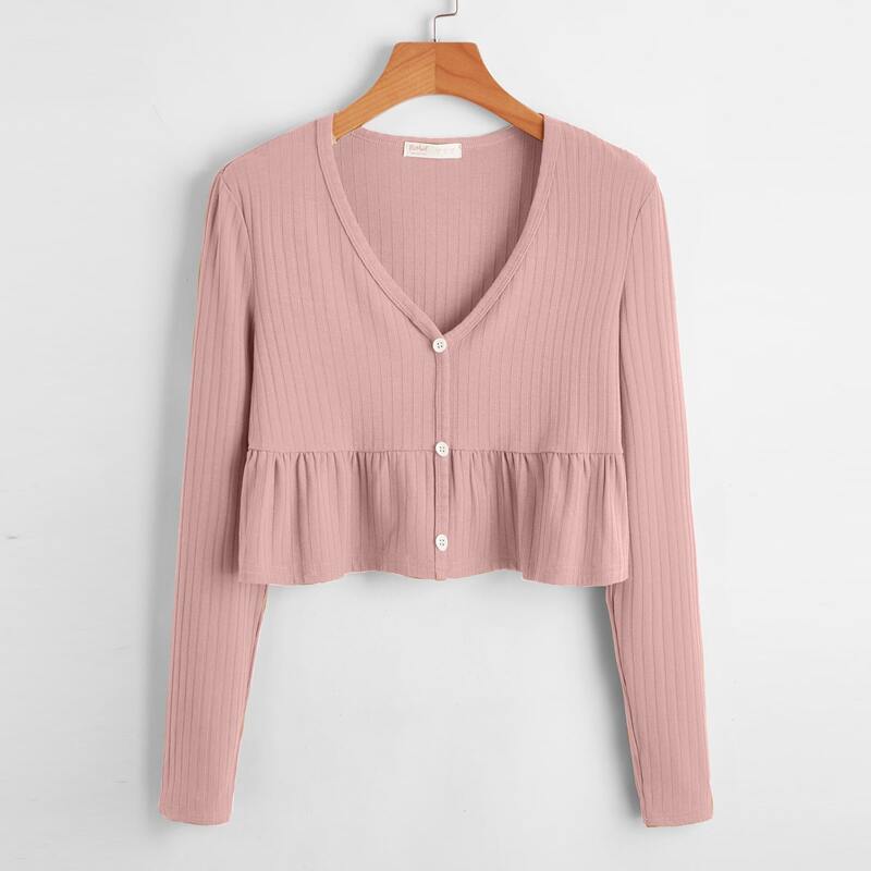 

Solid Button Front Ruffle Hem Ribbed Tee, Dusty pink