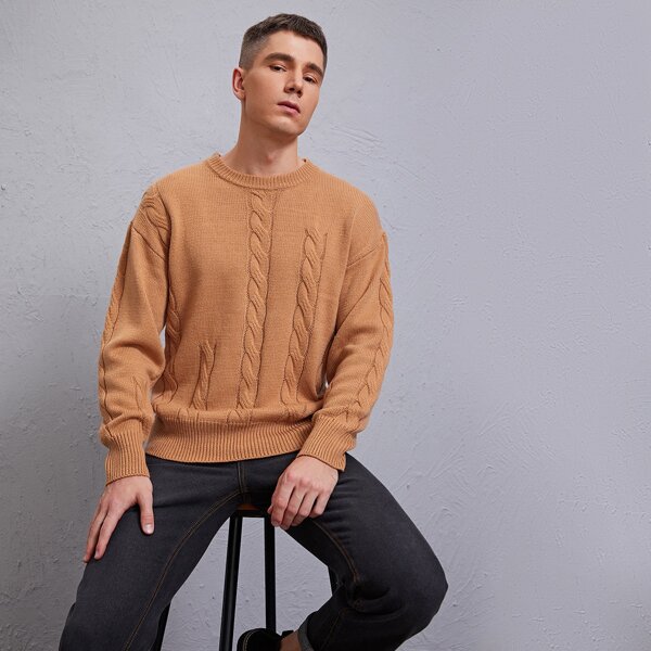 

Men Cable Knit Drop Shoulder Sweater, Orange