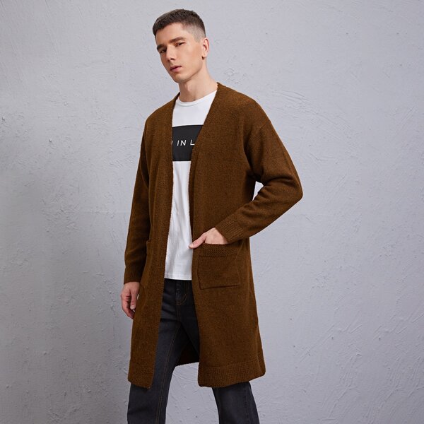 

Men Dual Pocket Open Front Cardigan, Chocolate brown
