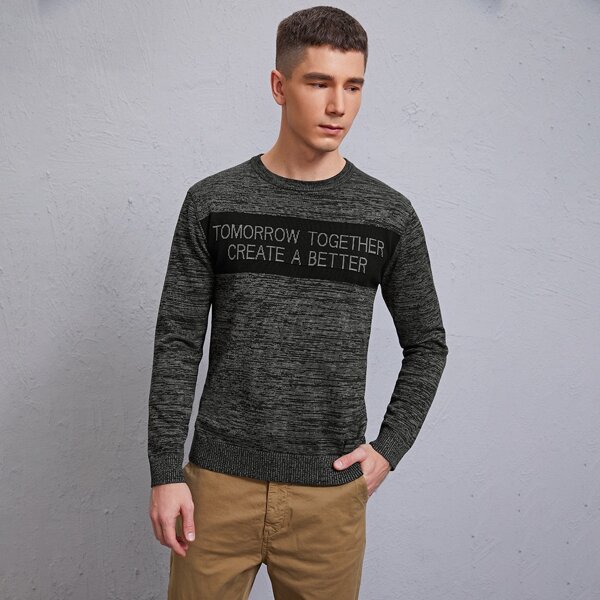 

Men Space Dye Slogan Pattern Sweater, Dark grey