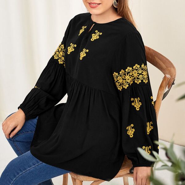 

Plus Scroll Embroidery Peplum Blouse, Black