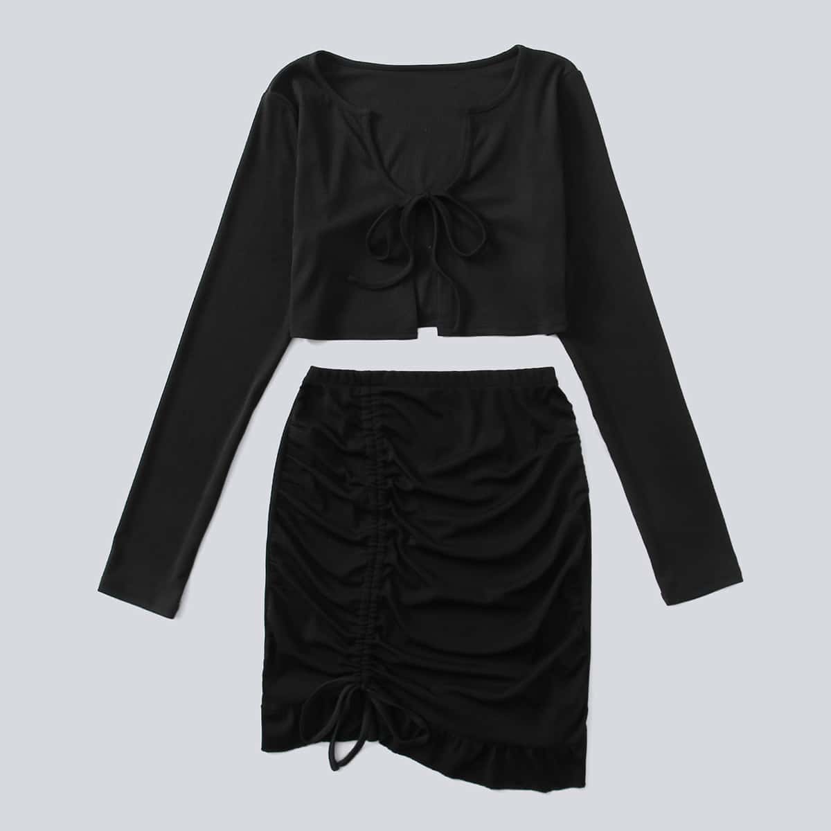 

Solid Tie Front Crop Top & Drawstring Skirt, Black