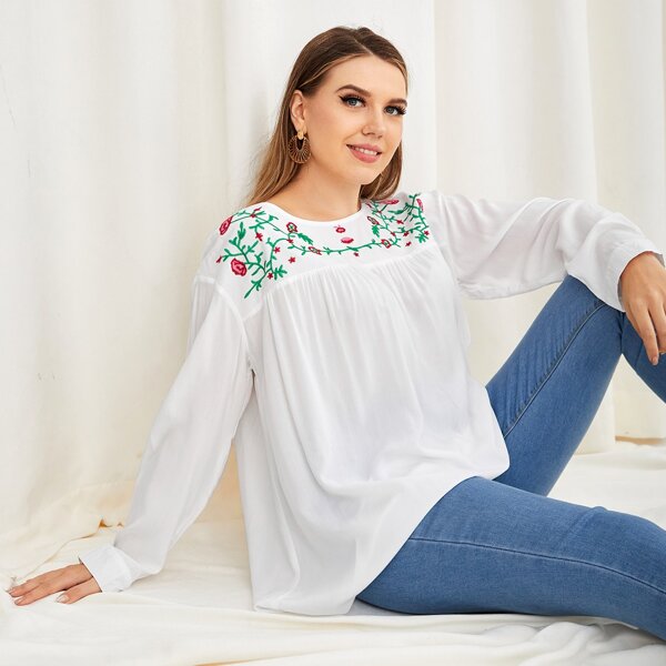 

Plus Floral Embroidery Babydoll Blouse, White