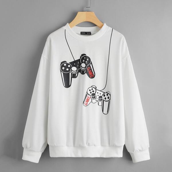 

Gamepad Print Drop Shoulder Sweatshirt, White