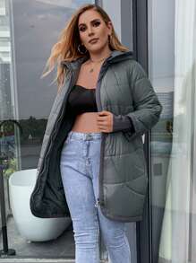 Astrid Plus Size Zip Up Slant Pocket Hooded Padded Coat - Dark Green - View 1