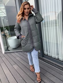 Astrid Plus Size Zip Up Slant Pocket Hooded Padded Coat - Dark Green - View 4