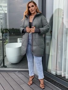 Astrid Plus Size Zip Up Slant Pocket Hooded Padded Coat - Dark Green - View 5