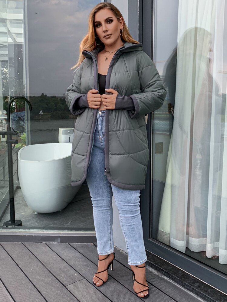 Astrid 加大码拉链斜口袋连帽夹棉大衣 - 墨綠色 - 查看 5