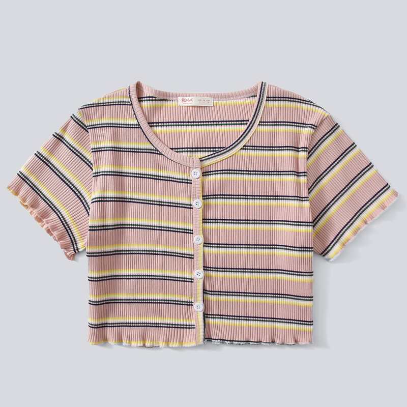 

Striped Button Front Crop Tee, Multicolor