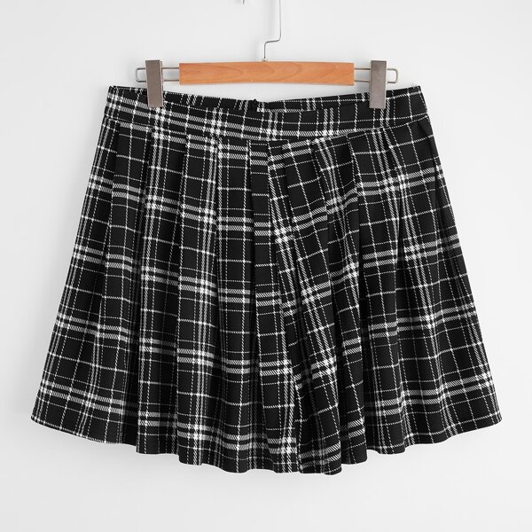 

Plus Plaid Print Zipper Back Skirt, Black