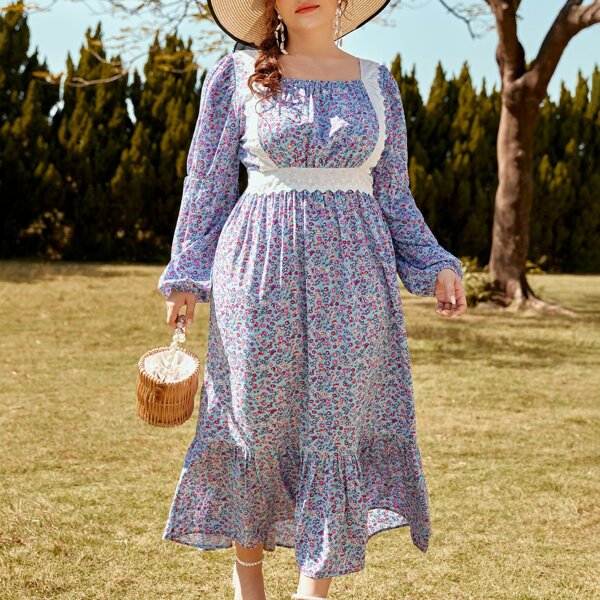 

Plus Eyelet Embroidery Trim Ditsy Floral Dress, Lilac purple