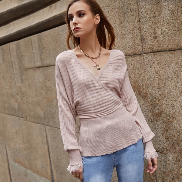 

Solid Surplice Front Sweater, Baby pink