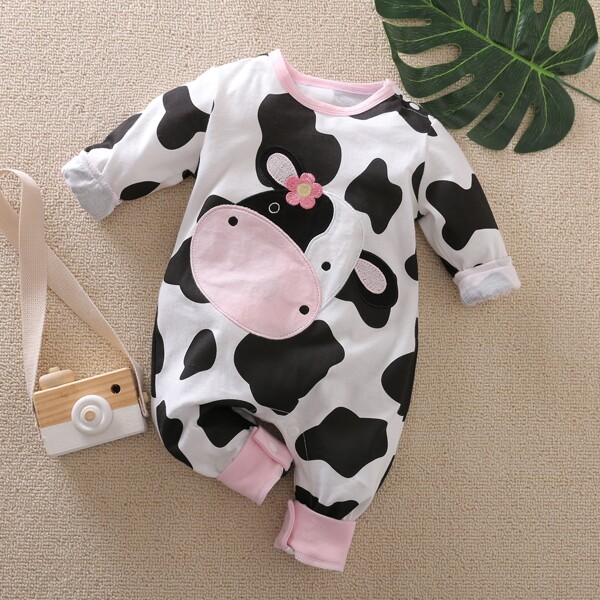 

Baby Girl Cow Embroidery Contrast Binding Jumpsuit, Black and white