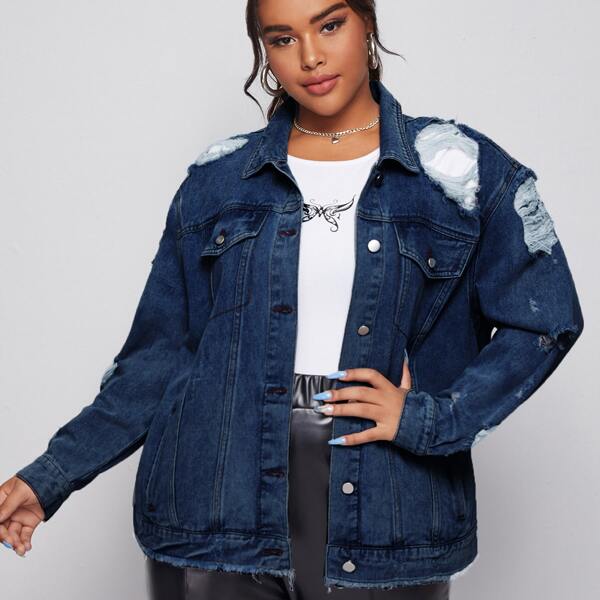 

Plus Light Wash Distressed Denim Jacket, Dark wash
