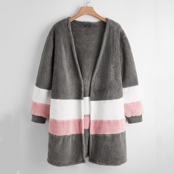 

Plus Color-block Drop Shoulder Teddy Coat, Multicolor